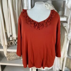 Cato Plus sz. 22, 24 burnt orange low cut frilly top, stretch knit comfort #4316